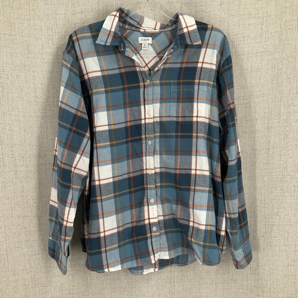 J.Crew Button Down Shirt Womens XL Blue White Cotton Plaid Flannel Style Preppy